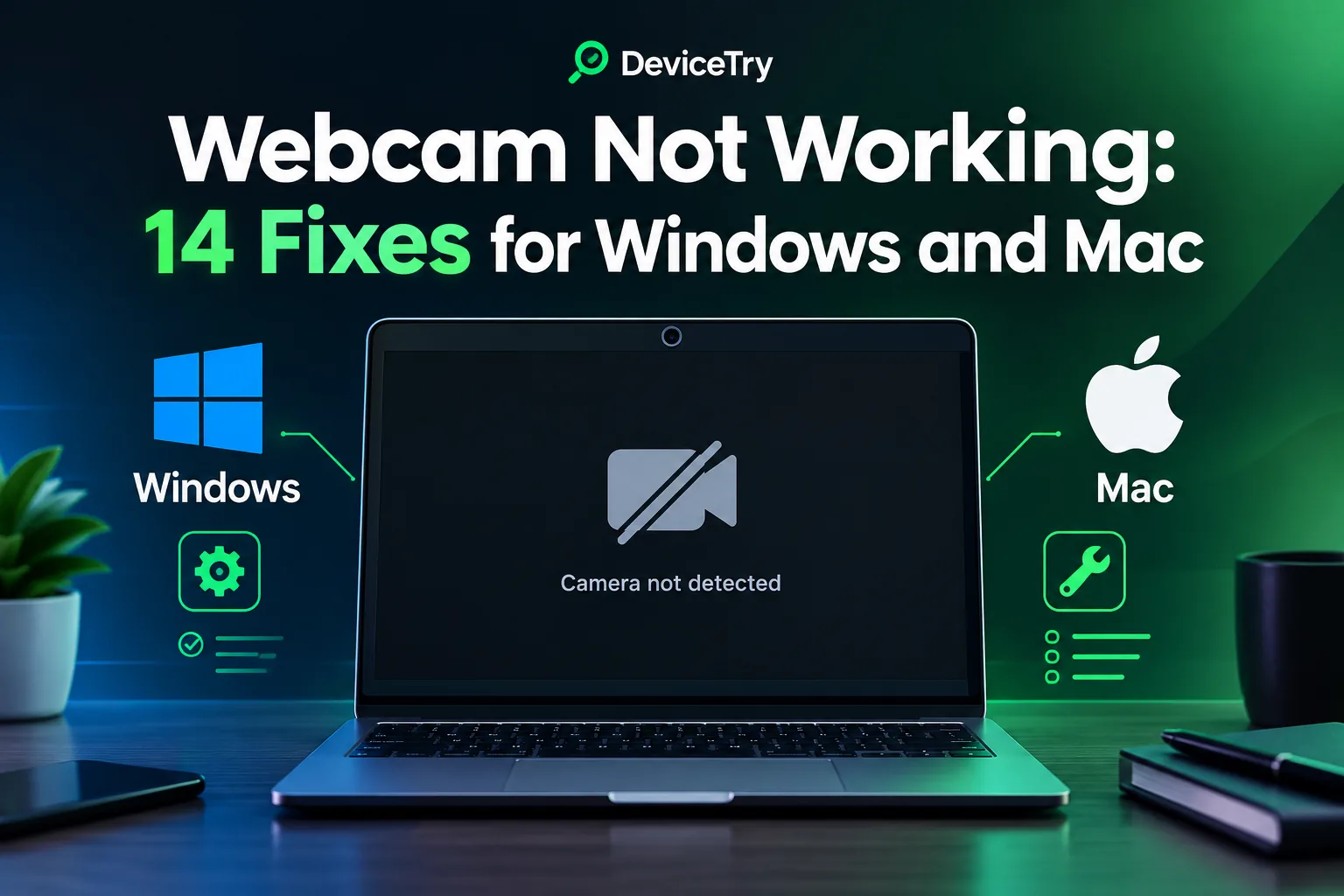Guide cover: Webcam Not Working, 14 fixes for Windows and Mac, showing a laptop with a 'Camera not detected' message